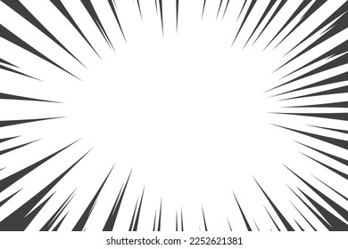 Comic manga radial lines with speed effect for comics book. Black and white explosion background. Flash ray blast glow. Vector frames