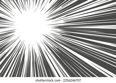 Comic manga radial lines with speed effect for comics book. Black and white explosion background. Flash ray blast glow. Vector frames