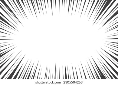 Comic manga radial lines with speed effect for comics book. Black and white explosion background. Flash ray blast glow. Vector frame
