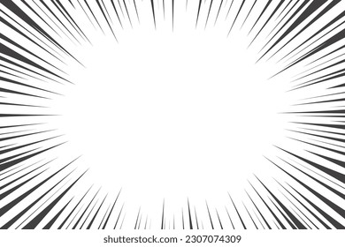 Comic manga radial lines with speed effect for comics book. Black and white explosion background. Flash ray blast glow. Vector frame
