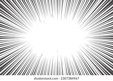 Comic Manga Radiallinien mit Geschwindigkeitseffekt für Comics Buch. schwarz-weißer Explosionshintergrund. Blitzstrahlleuchte. Vektorrahmen