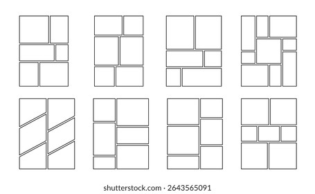 Comic manga storyboard grid template, vector rectangle layout for photo collage, flyer or poster, set