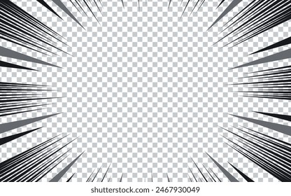 Comic manga transparent background with radial lines frame speed action effect vector. Explosion anime comic book cartoon pattern.