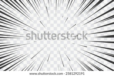 Comic manga transparent background with speed action effect. Vector radial line frame of anime explosion cartoon pattern, explode flash, burst force or superhero motion, comic book action black lines
