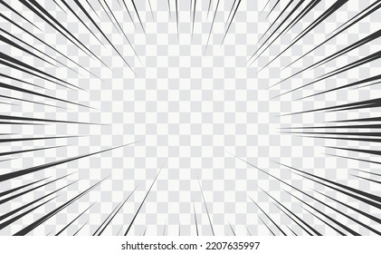 Comic manga transparent background with vector radial lines frame of speed action effect. Anime comic book cartoon pattern of explosion, explode or superhero motion lines, burst force or zoom effect