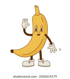 Comic mascot of banana vector illustration. Funny retro cartoon tropical fruit character. Groovy style. 