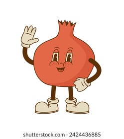 Comic mascot of pomegranate vector illustration. Funny retro cartoon garnet fruit character isolated on white background