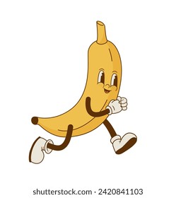 Comic mascot of running banana vector illustration. Funny retro cartoon tropical fruit character. Groovy style. 