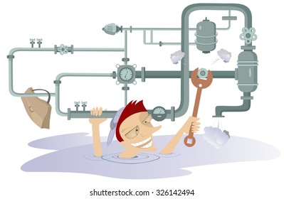 Comic mechanic hardly tightens the bolt and repairs pipe construction