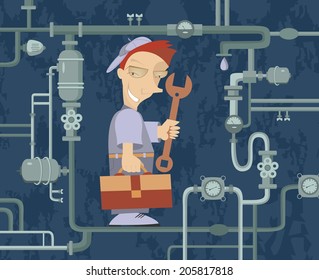 Comic mechanic repairs pipe construction