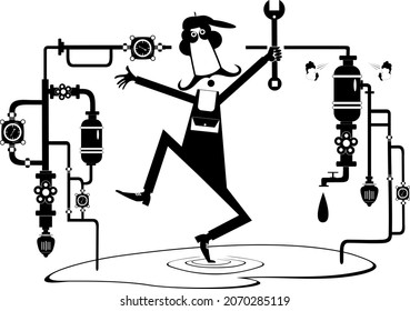 Comic mechanic repairs pipe construction illustration.
Breakdown. Comic mechanic with a wrench repairs pipe construction to stop water flow black on white background
