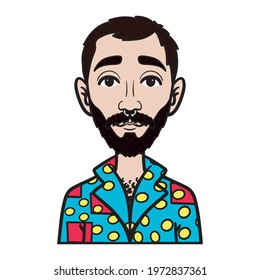 Comic Men Avatar With Full Beard And Nose Ring. Colorful Shirt, Gay, Lqbtiq.