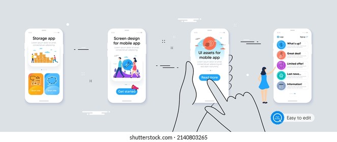 Comic message, Inventory report and Washing machine line icons for website, printing. Phone ui interface. Collection of 3d chart, Teamwork, Marketplace icons. Vector