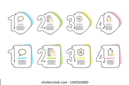 Comic message, Reject protection and Blocked card icons simple set. Refill water sign. Speech bubble, No security, Private money. Cooler bottle. Infographic timeline. Line comic message icon. Vector