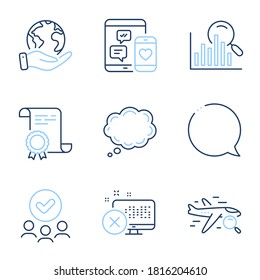 Mensaje de historieta, medios sociales e iconos de línea de búsqueda establecidos. Certificado de Diploma, Salvar planeta, grupo de personas. Rechazar el acceso, buscar el vuelo y los signos de burbuja de voz. Vector