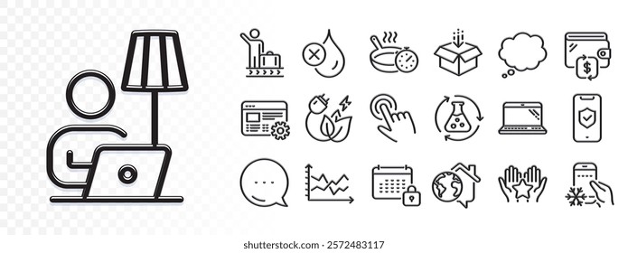 Comic message, Wallet and Laptop line icons for web app. Glare of light effect. Message icon. Pack of Refrigerator app, No waterproof, Get box pictogram icons. Vector