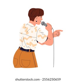 Comic with microphone in comedy performance. Speaker performs, pointing finger during standup concert. Performer shows on stage with mic. Public speaking. Flat isolated vector illustration on white