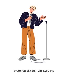 Comic with microphone tells jokes on stage. Speaker performs monologue in comedy performance. Performer shows standup concert with mic. Public speaking. Flat isolated vector illustration on white