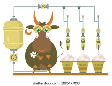 Comic milk farm and cow illustration. Cartoon comic cow being milked by machine and producing milk, cream and yogurt isolated illustration vector
