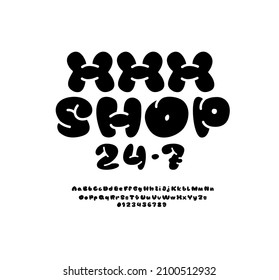 Comic moderne schwarze Schrift, trendiges Alphabet im Cartoon-Stil, Klumpen-Groß-und Kleinbuchstaben lateinischer Buchstaben von A bis Z und arabische Zahlen von 0 bis 9