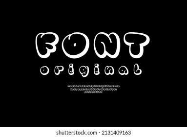 Comic modern font, bold alphabet in the cartoon style, chubby uppercase and lowercase letters and numbers made white contour, vector illustration 10EPS