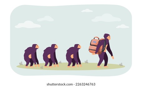 Comic monkey with backpack leading team vector illustration. Wild animal characters camping, funny metaphor for business team leader on white background. Teamwork, leadership, wildlife concept