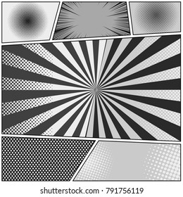 Comic monochrome background with radial dotted rays halftone humor effects in gray colors. Vector illustration