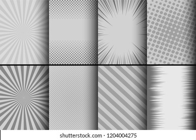 Comic monochrome cards set with radial rays stripes and halftone humor effects. Vector illustration