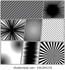 Comic monochrome composition with radial halftone dotted stripes rays humor effects in black and white colors. Vector illustration