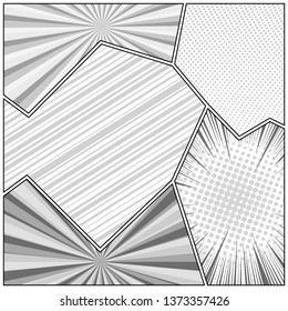 Comic monochrome concept with halftone dotted slanted lines radial rays explosive humor effects. Vector illustration