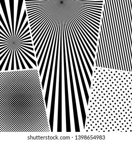 Comic monochrome design background with halftone dotted stripes radial humor effects. Vector illustration
