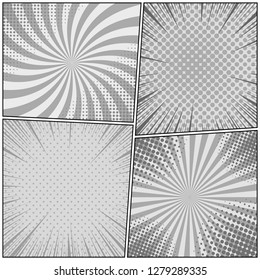 Comic monochrome design composition with radial dotted rays halftone humor effects. Vector illustration