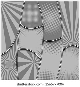Comic monochrome elegant background with radial halftone and rays effects. Vector illustration