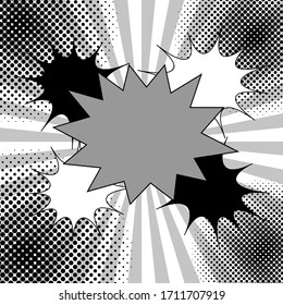 Comic monochrome elegant concept with speech bubble around blot radial and halftone effects. Vector illustration