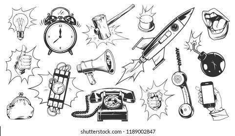 Elementos monocromos cómic con gestos manuales alarma reloj teléfono cohete bomba gavel megáfono dinamita bolso bombilla bombilla botón boquilla burbujas de voz ilustración vectorial aislada Vector de stock