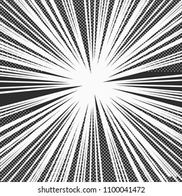 Comic monochrome explosive background with rays and halftone effects in gray colors. Vector illustration