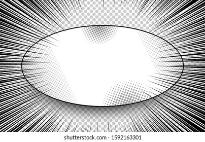 Comic monochrome explosive concept with blank oval banner halftone and rays effects. Vector illustration