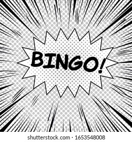 Comic monochrome explosive template with Bingo inscription white blot noise halftone and rays effects. Vector illustration