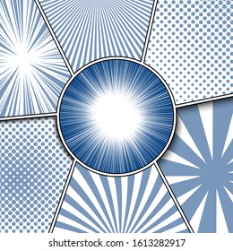 Comic monochrome funny composition with radial rays beams and halftone effects. Vector illustration