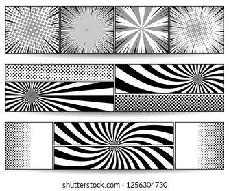 Comic monochrome horizontal banners with halftone radial rays humor effects in white black and gray colors. Vector illustration
