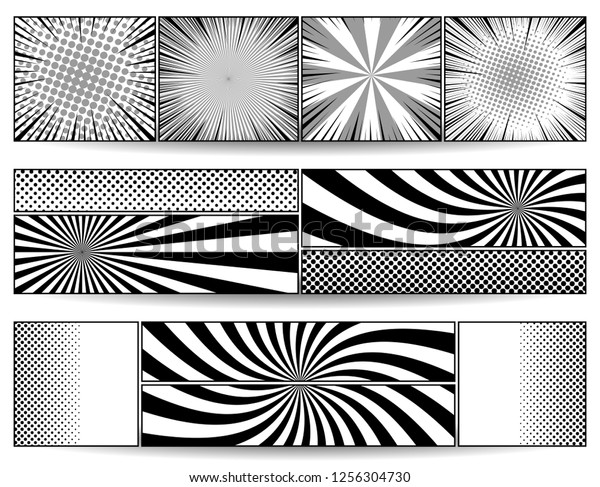 Comic monochrome horizontal banners with\
halftone radial rays humor effects in white black and gray colors.\
Vector illustration