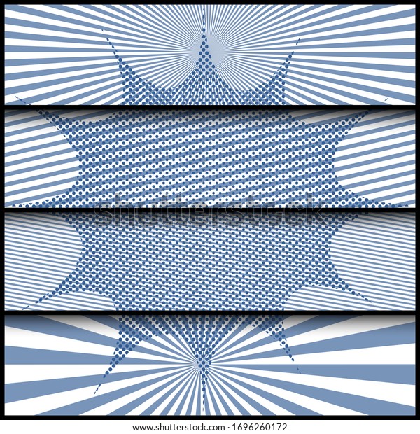 Comic\
monochrome horizontal banners with radial and stripes effects and\
speech bubble halftone shape. Vector\
illustration