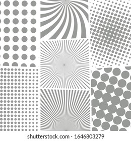 Comic monochrome Lichtkonzept mit Radial-Spotted- und Halftoneffekten. Vektorillustration