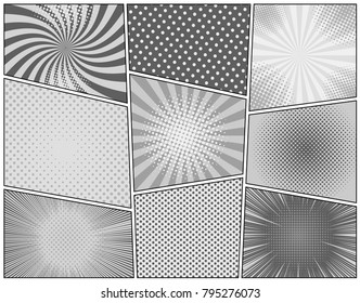 Comic monochrome page template with radial rays dotted halftone effects in gray colors. Vector illustration