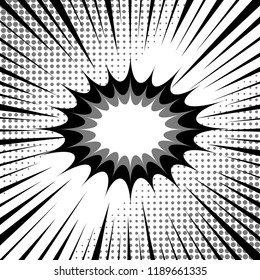 Comic monochrome template with blank speech cloud halftone rays humor effects. Vector illustration