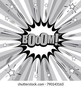 Comic monochrome template with Boom word speech bubble stars sound effects on radial background in gray colors. Vector illustration