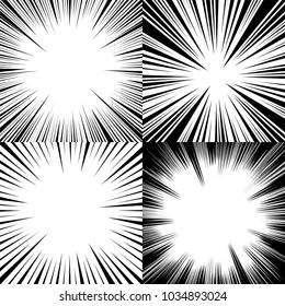 Comic monochrome templates set with different rays humor effects in black and white colors. Vector illustration