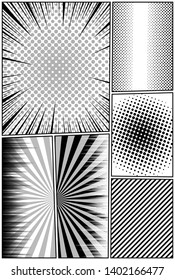 Comic monochrome vertical background with halftone dotted slanted lines radial humor effects. Vector illustration