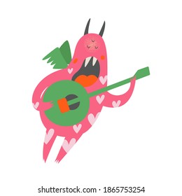 Comic Monster with Horns Playing Balalaika Vector Illustration