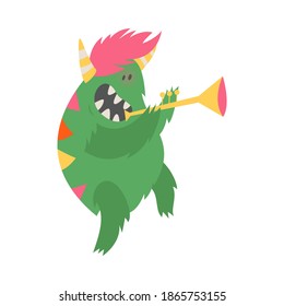 Comic Monster with Horns Playing Trumpet Vector Illustration